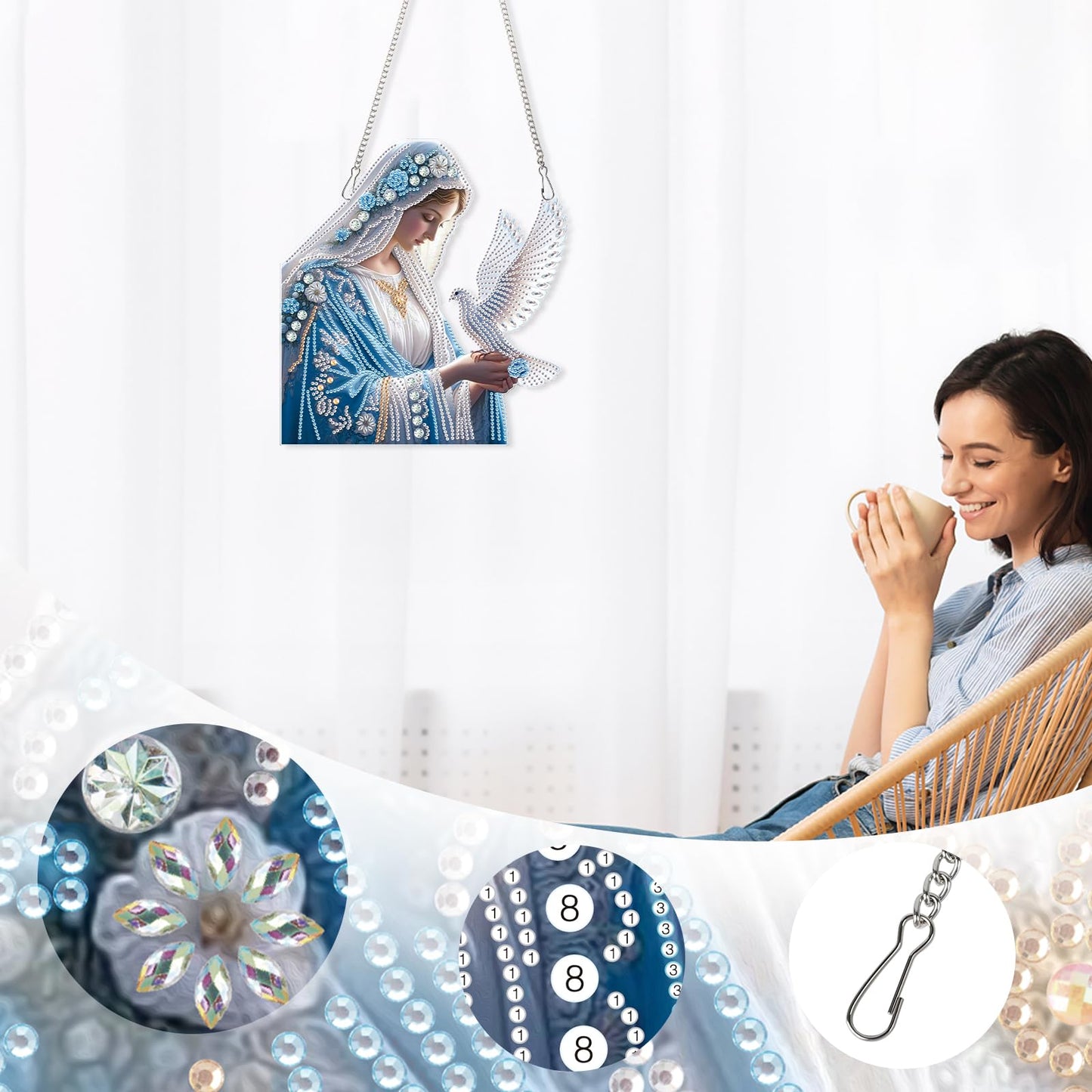 AiYuanzsh Diamond Art Hanging Kit Virgin Mary with Dove, Religious Special Shaped Diamond Painting Suncatcher Ornament for Adults DIY Spiritual Wall Window Pendant Decor
