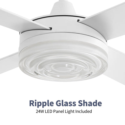 WINGBO 52 Inch Ceiling Fan with Lights and Remote, 3CCT, Modern Ceiling Fan with Ripple Glass Shade, 6-Speed Reversible DC Motor for Bedroom Living Room Kitchen Hallway, Gloss White