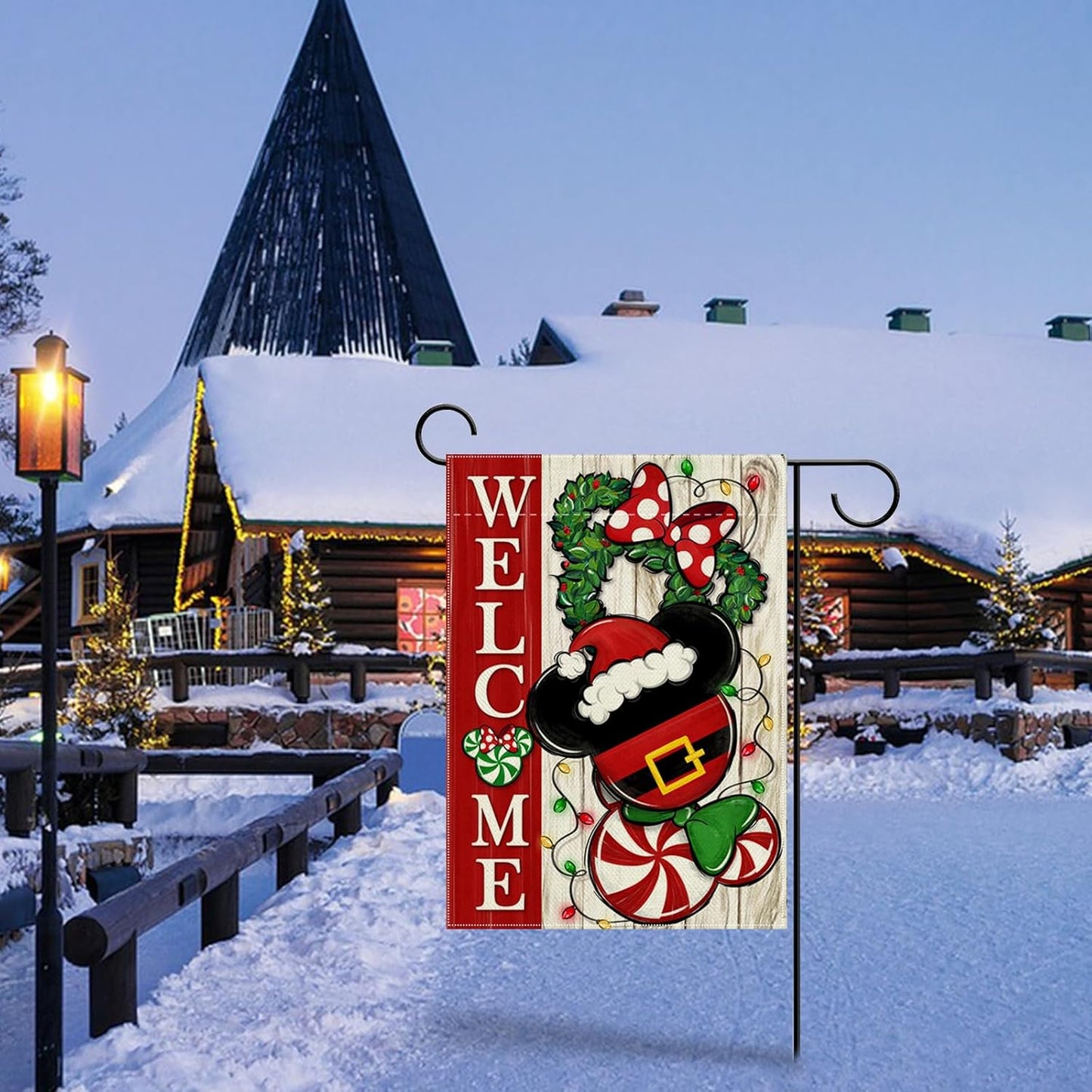 Welcome Christmas Mouse Santa Garden Flag - Xmas Peppermint Candy Wreath Ornament, Double Sided Winter Holiday Decor