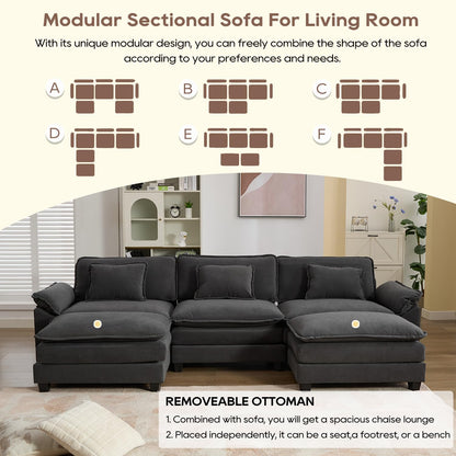IPKIG 117" Modular Sectional Sofa, Velvet U-Shaped Sectional Couch Comfy Upholstered 3-Seat Sofa with 2 Ottoman, 3 Lumbar Pillow, Deep Seat Cloud Couch Sofa for Living Room, Dark Grey