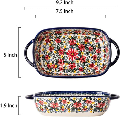 Red Daisy Flower Vintage Style Ceramic Bakeware Casserole Dish Baking Pan with Handles