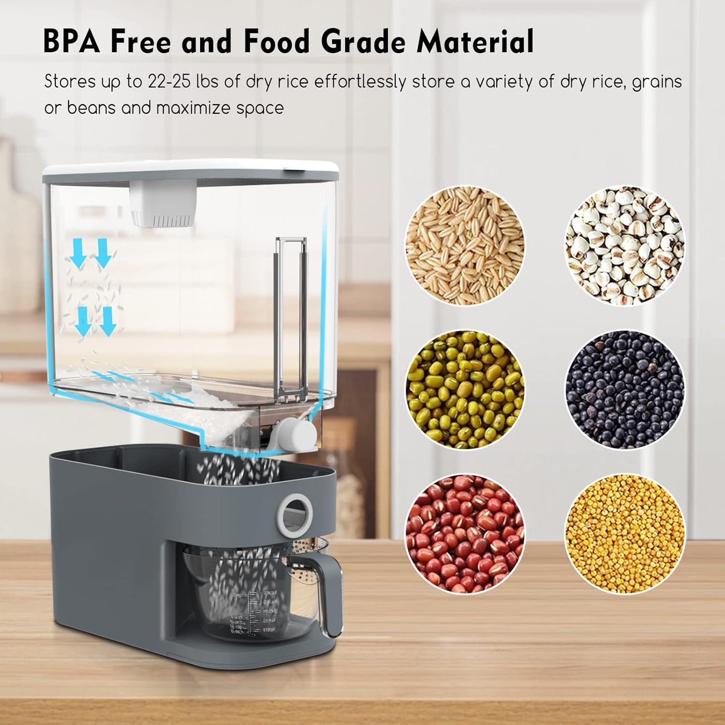 22-25 Lbs VenDotbi Rice Dispenser, Rice Container with Measuring Cup, Upgraded Built-in Fresh Box, Cereal Dispenser