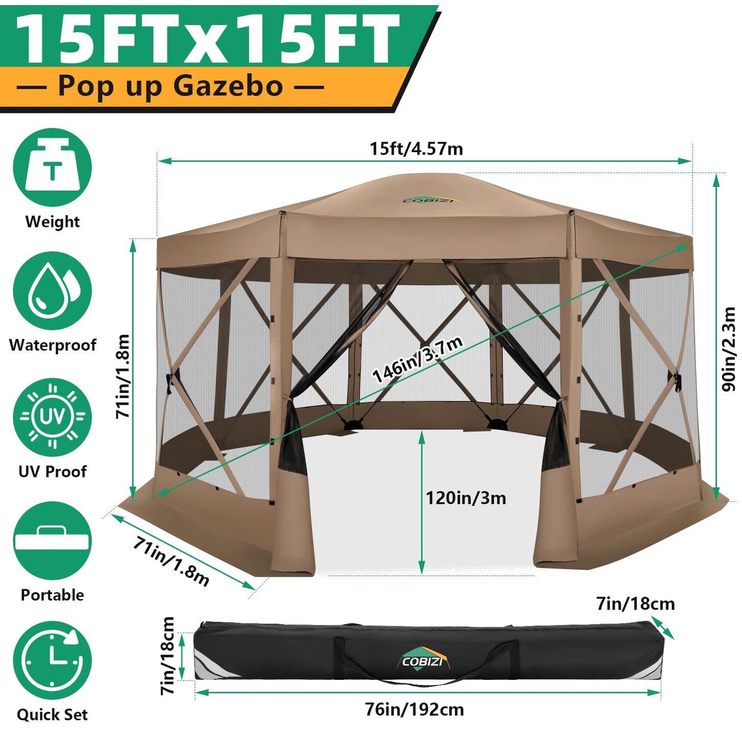 COBIZI 15x15FT Pop Up Gazebo Screen Tent Screen House for Camping, Screen Room with Mosquito Netting, Hub Tent Instant Screened Canopy with Carrying Bag and Ground Stakes, Khaki(Upgraded)