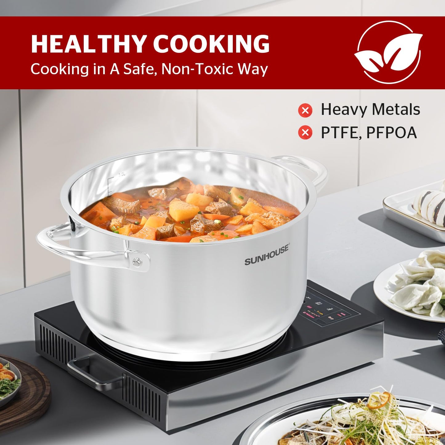 SUNHOUSE Stainless Steel Stock Pot - 16 Quart Heavy-Duty Induction Cooking Pot with Visible Lid for Pasta, Soup, Spaghetti - Nonstick Thick-Bottom Deep Stockpot for Canning, Boiling, and Simmering