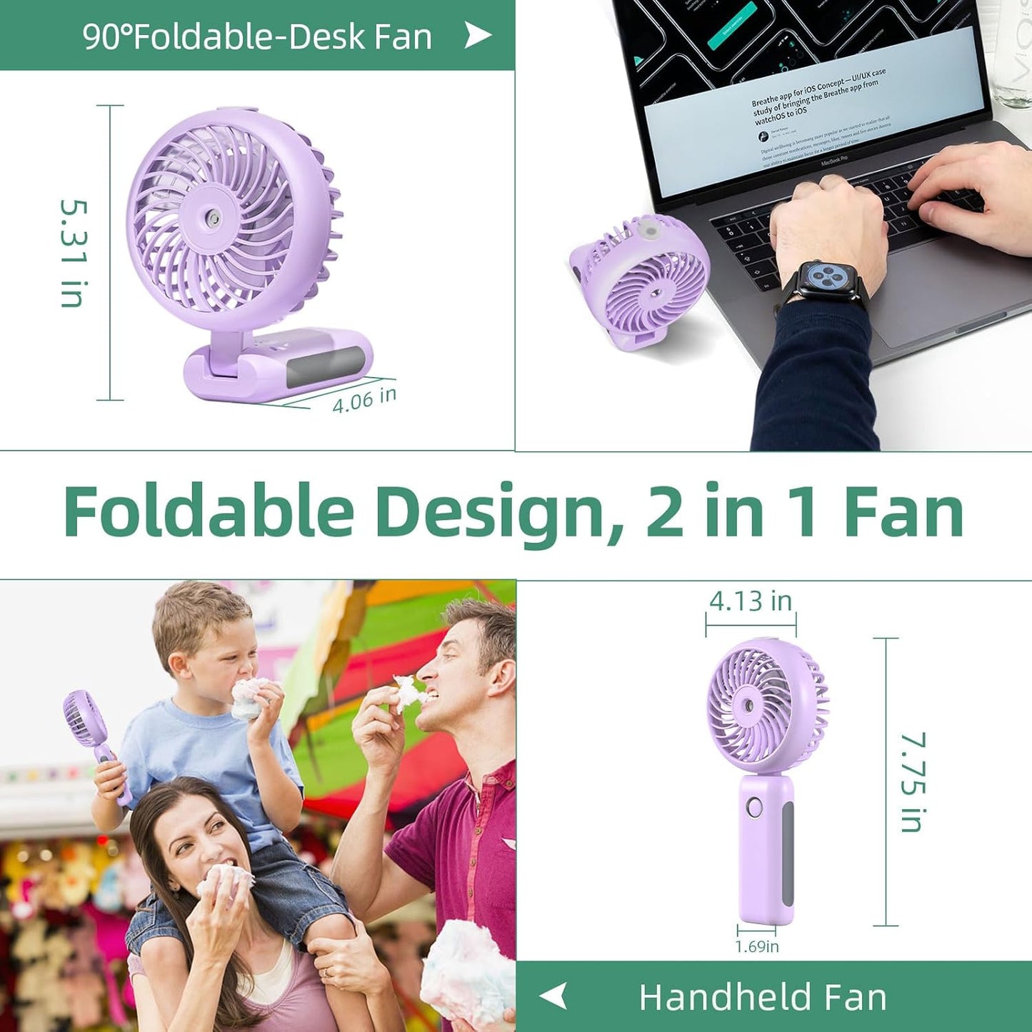 CIVPOWER Portable Misting Fan, Hand Held, 90° Adjustable, 4000mAh USB Rechargeable, 3 Speeds, Purple
