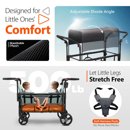 Sekey Wagon Stroller for 2 Kids, Luxury 4-in-1 Stroller Wagon - Premium Quality with Convertible Seats, Adjustable Push Handles, Removable Canopy, Snack Tray & Cooler, US Certified.