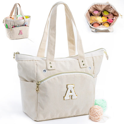 Initial Personalized Crochet Bag Tote - Corduroy Yarn Bag Storage - Yarn Holder for Crocheting - Crochet Organizer for Crochet Hooks, Crochet Accessories,Project Bag Knitting Bag Crochet Lover Gift