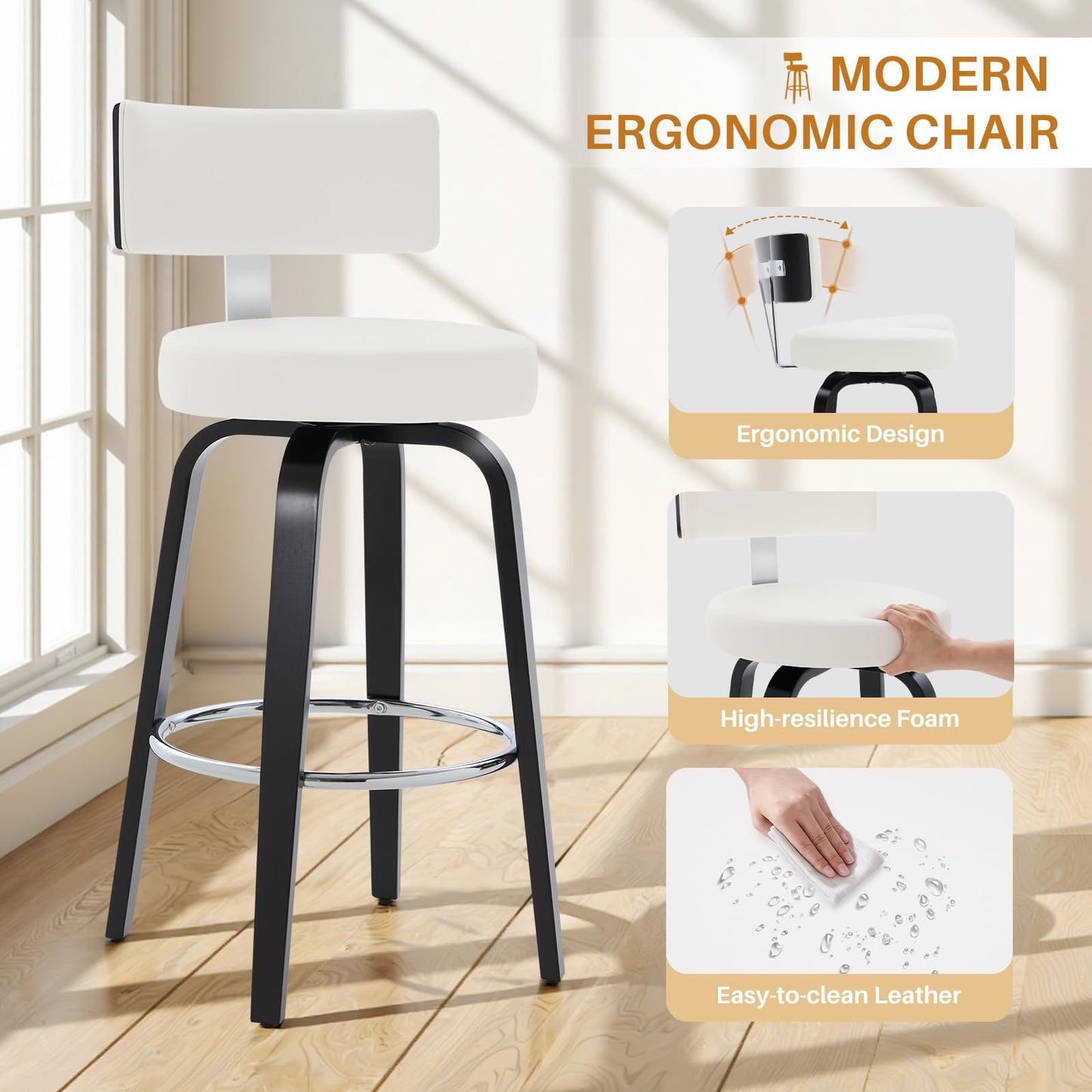 WOOW DEPOT Swivel Counter Height Bar Stools Set of 3, 29" Upholstered Faux Leather Barstools with Back, Mid Century Modern Counter Stools with Black Walnut Wood Legs for Kitchen Island, White