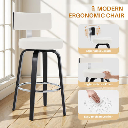 WOOW DEPOT Swivel Counter Height Bar Stools Set of 3, 29" Upholstered Faux Leather Barstools with Back, Mid Century Modern Counter Stools with Black Walnut Wood Legs for Kitchen Island, White