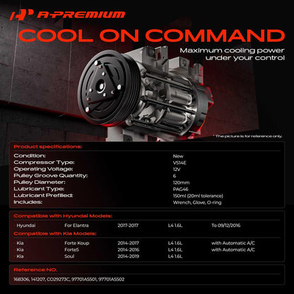 A-Premium Air Conditioner AC Compressor with Clutch Compatible with Kia Soul 2014-2019, Forte5 2014-2016, Forte Koup 2014-2017 & Hyundai Elantra 2017, only fit 1.6L engine