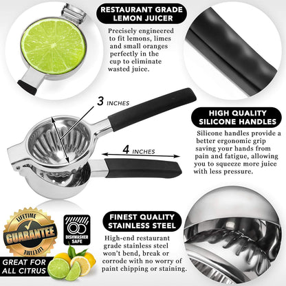 Lemon Squeezer Stainless Steel - Manual Citrus Juicer Large, Metal Lime Squeezer Hand Press, Orange Juice Extractor with Non-Slip Grip, Dishwasher Safe - TUISWO (Silver/Black)
