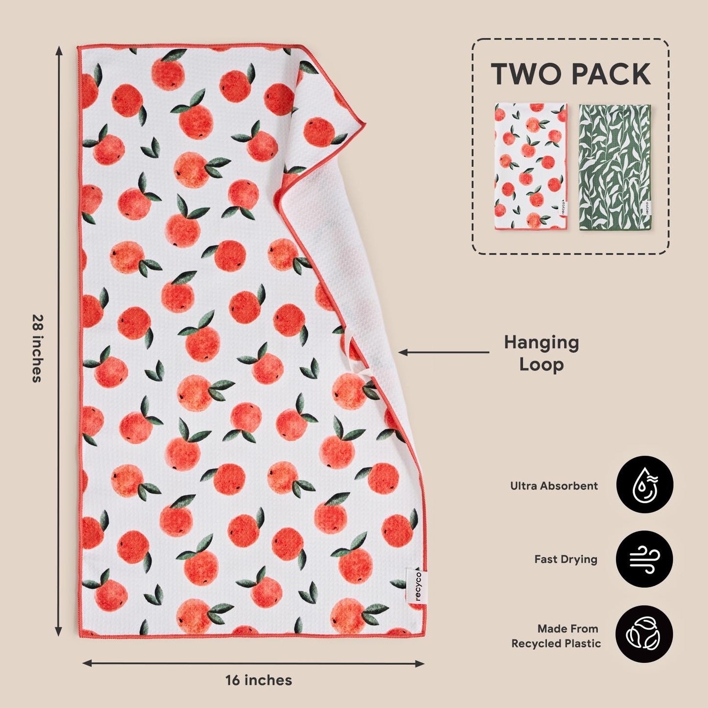 RECYCO Waffle Kitchen Towel Set of 2 - Quick Dry Microfiber Sustainable Dish Towels - Ultra Absorbent Reusable Cleaning Tea Towels - Lightweight Hand Towels,16”x 28”, Peachy Leaves