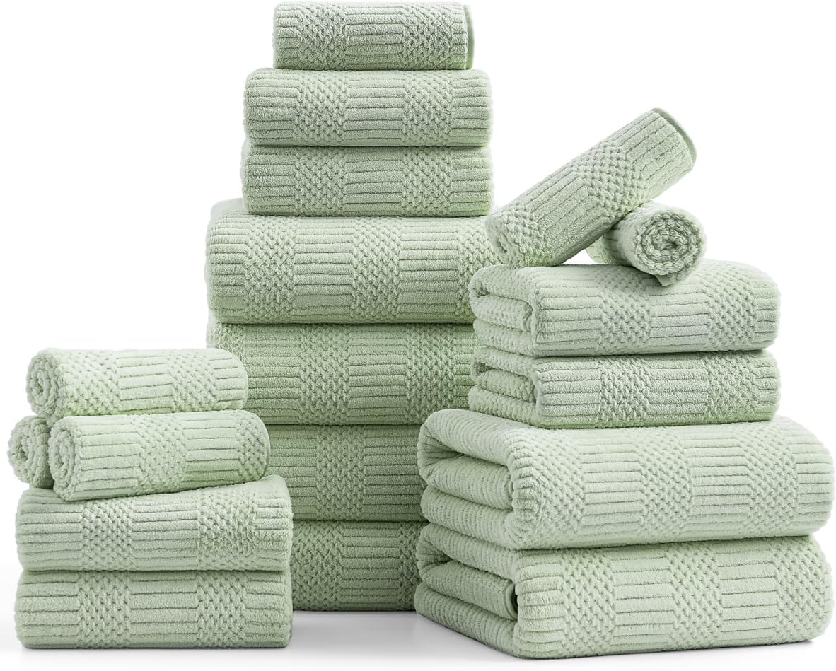 18 Set-6 Sheets,6 Towels,6 Set Pcs Green Woven Family Towels Bath Hand Washcloths Soft Polyester Towels Absorbent