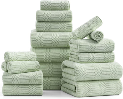 18 Set-6 Sheets,6 Towels,6 Set Pcs Green Woven Family Towels Bath Hand Washcloths Soft Polyester Towels Absorbent