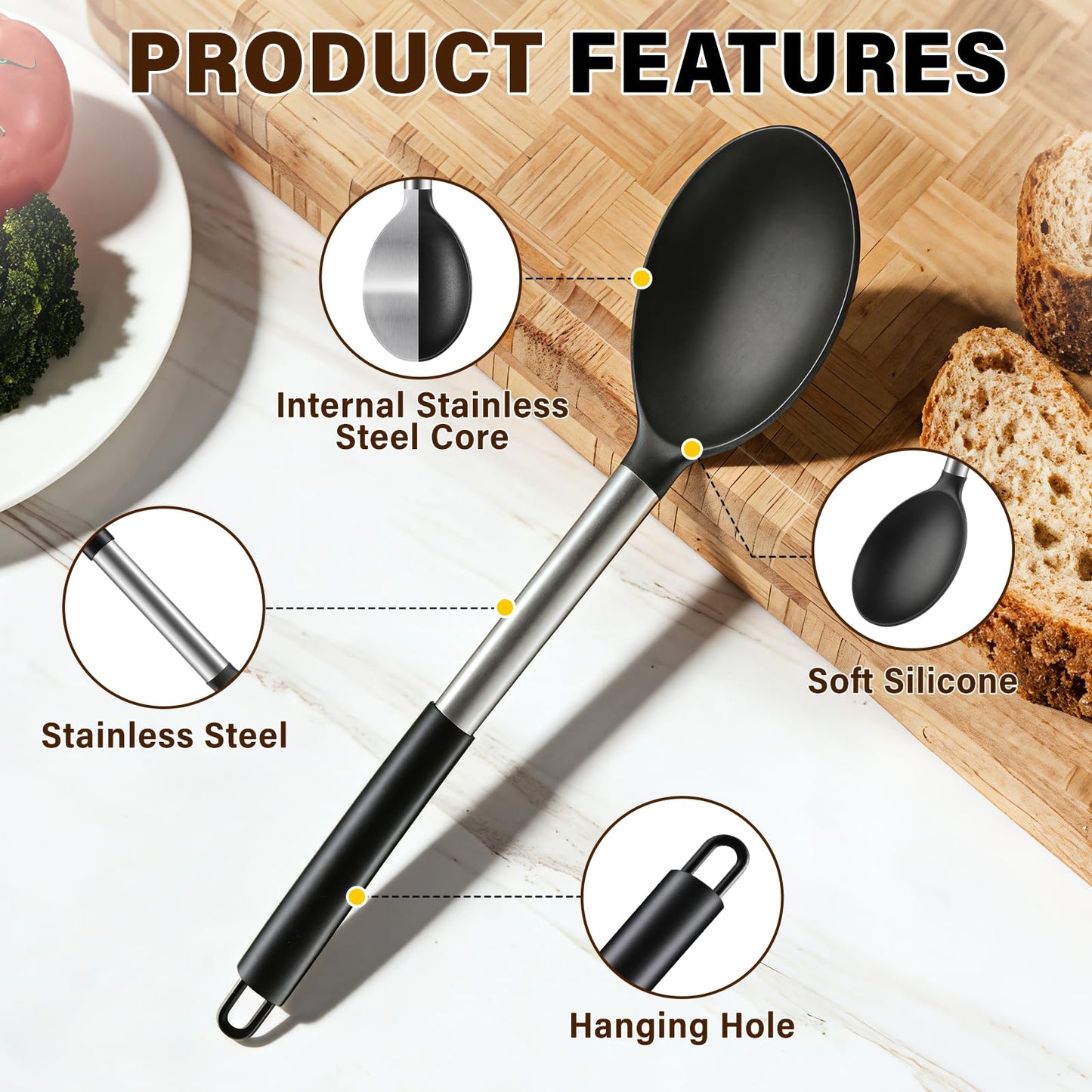 3 Pcs Silicone Cooking Spoon Set, Kitchen Utensils Include Solid & Slotted Spoon, Soup Ladle, Food-Grade Heat Resistant, Non-Scratch Spoons for Serving, Stirring, Draining, Dishwasher Safe, Black