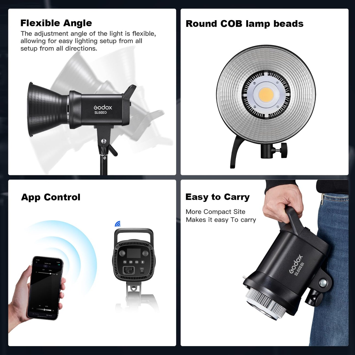 Godox 3 Pack SL-60II bi 180W CRI95+ White Continuous Output Lighting LED Video Light Bowens Mount Kit for YouTube,Video Shooting,Studio,Children Photography,Wedding &Softbox,Light Stand,Carrying Bag