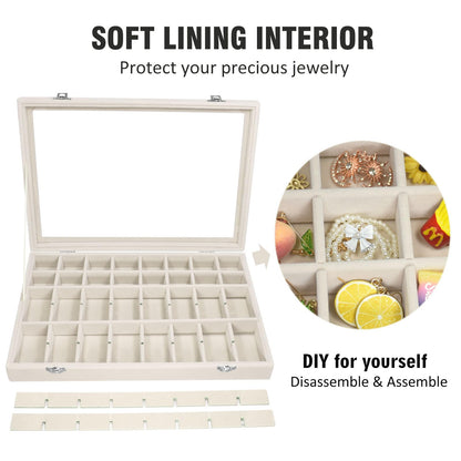 Vicoter Velvet Jewelry Tray 48 Compartments Jewelry Display Organizer with Transparent Cover Rings, Earrings, Necklaces, Pendants Storage Box for Girls, Wives, Mothers, Women
