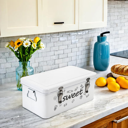 Frcctre Candy Storage Box, 4 Compartments Metal Candy Cookies Snacks Storage Tin Box with Lid Food Storage Container Farmhouse Kitchen Pantry Canister with Handle and Safety Lock