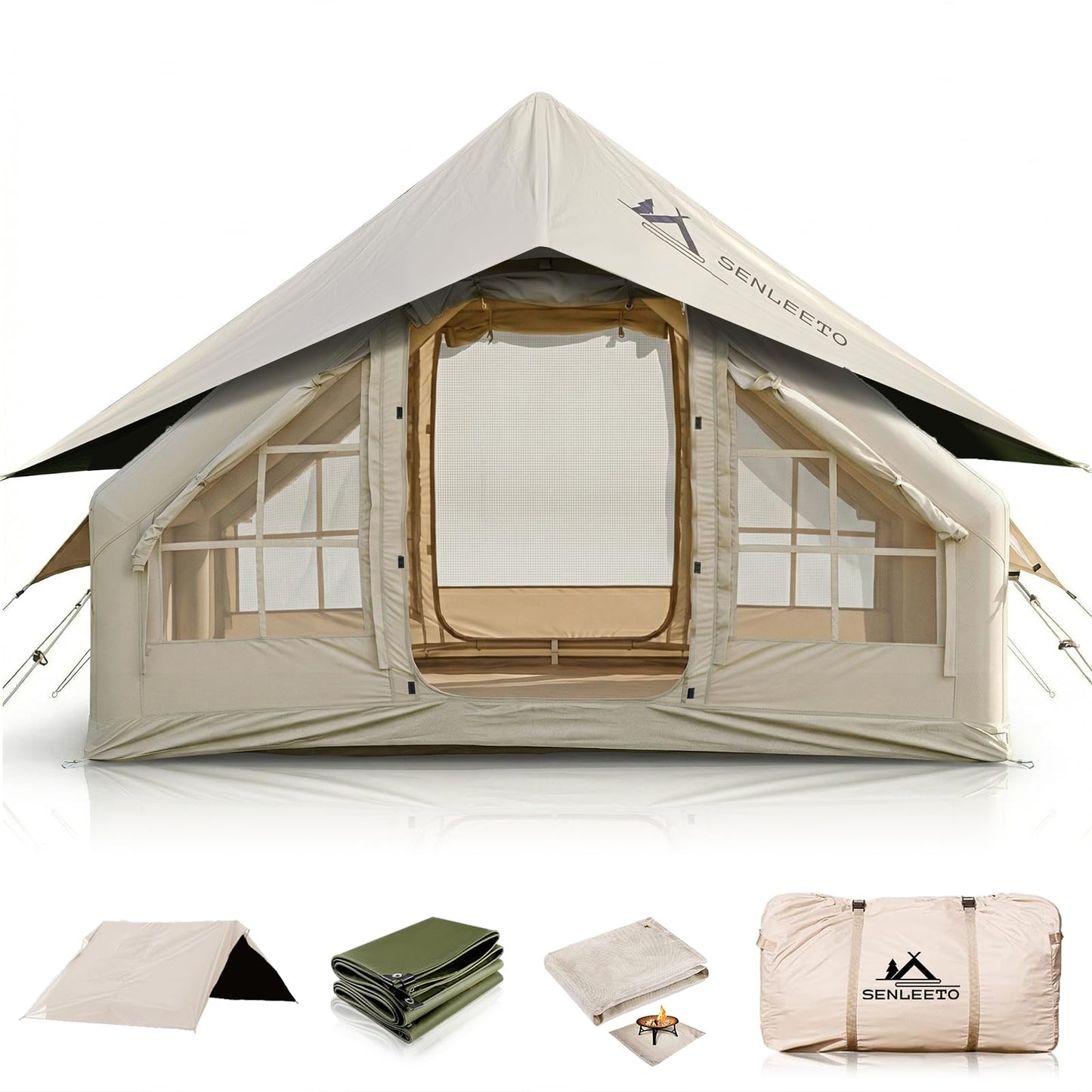 Inflatable Tent for Camping 4-6 People, Blow up Tents with rain-Proof Canopy, 4 Season Moisture-Proof pad, Glamping Inflatable Hot Tent with Stove Jack & Fire-Proof Mat Outdoor