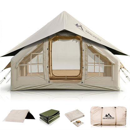 Inflatable Tent for Camping 4-6 People, Blow up Tents with rain-Proof Canopy, 4 Season Moisture-Proof pad, Glamping Inflatable Hot Tent with Stove Jack & Fire-Proof Mat Outdoor
