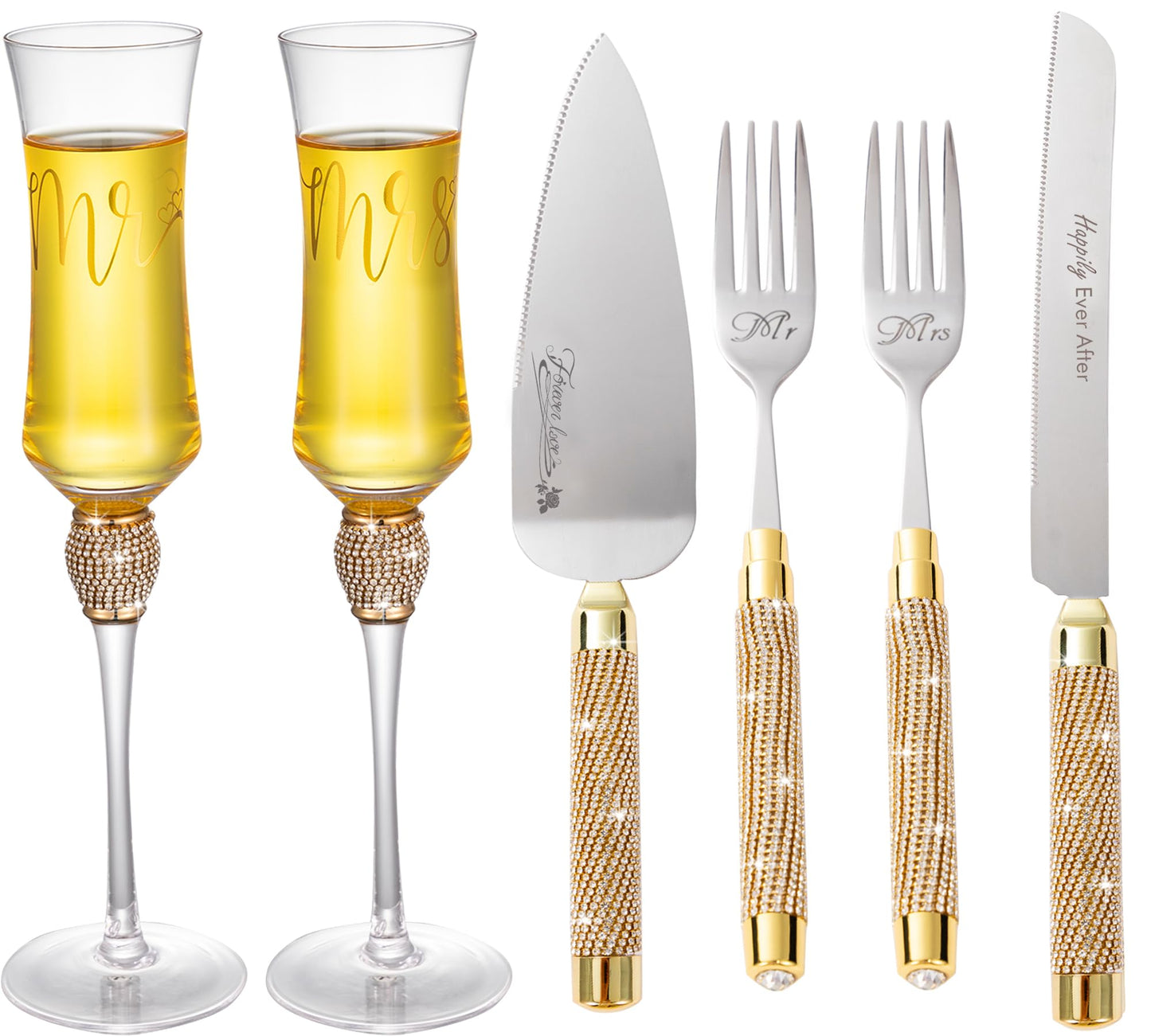 VARLKA Wedding Cake Knife and Server Set, Gold Cake Cutting Set for Wedding, Mr and Mrs Champagne Flutes for Bridal Shower Gifts Engagement Gifts for Couples
