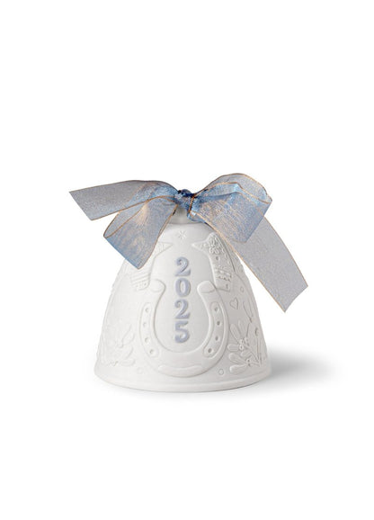 LLADRÓ Blue 2025 Christmas Bell. Decorative Ornament in Matte Porcelain with Blue Details. Porcelain Christmas Bell