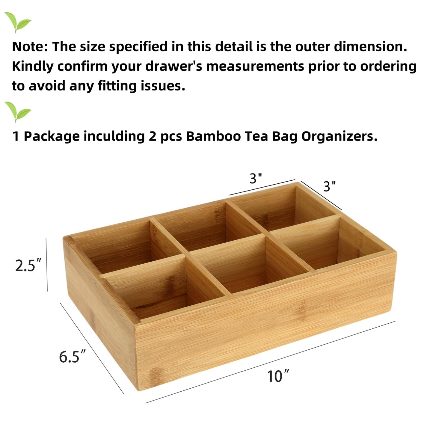 Dicunoy 2 Pack Bamboo Tea Bag Organizers, Wood Tea Bag Storage for Drawers with 6 Roomy Compartments, Sturdy Tea Chest Boxes for Shelf, Coffee Station, Sugar Packet, Sweeteners, Small Packets