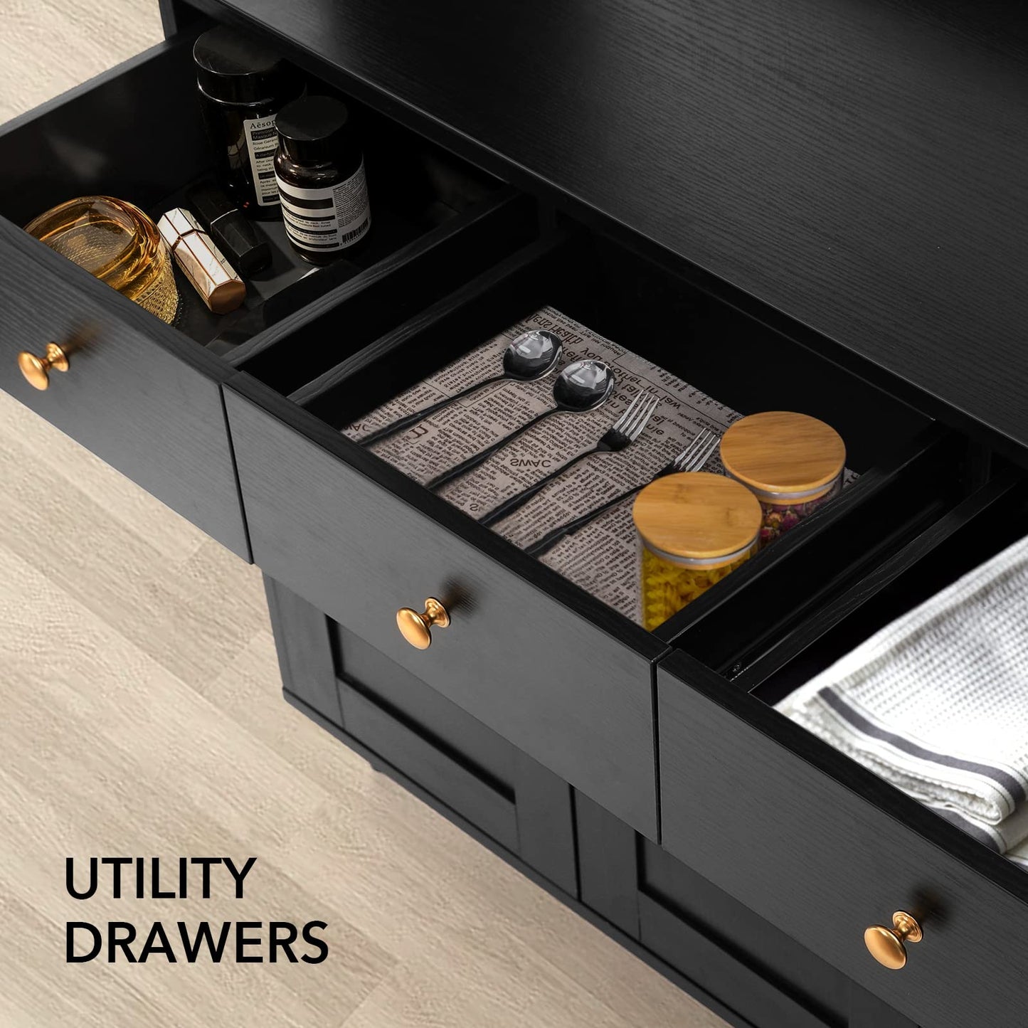 VOWNER 71" Traditional Freestanding Kitchen Pantry Storage Cabinet, Pantry Cabinet with 3 Drawers and 5 Storage Cabinets, Black
