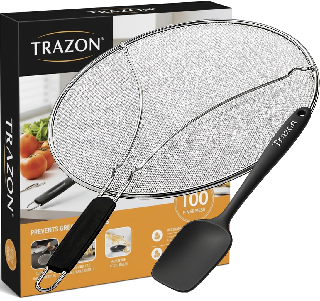 Grease Splatter Screen for Frying Pan 13 inch - Stops 99% of Hot Oil Splash - Protects Skin from Burns - Splatter Guard for Cooking - Iron Skillet Lid Keeps Kitchen Clean, includes Silicone Spatula
