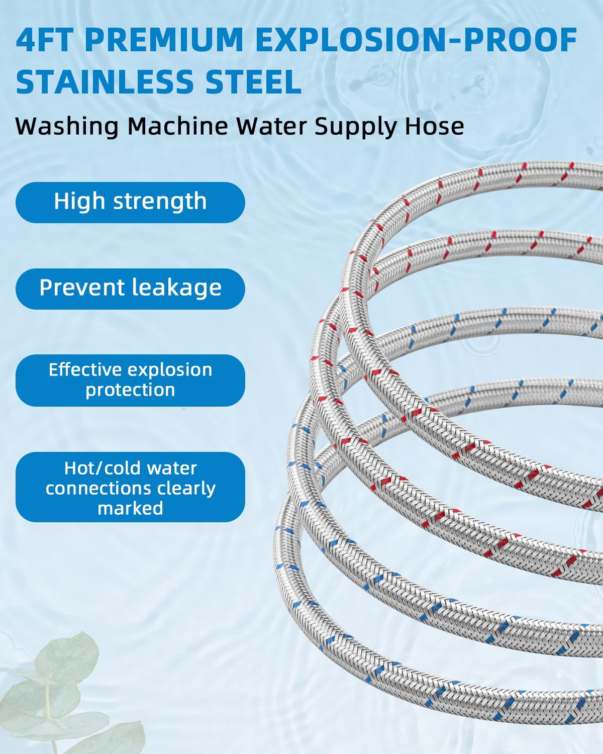 4ft Premium Burst-Proof Stainless Steel Washing Machine Hoses, 90 Degree Elbow Water Connection Inlet Supply Lines