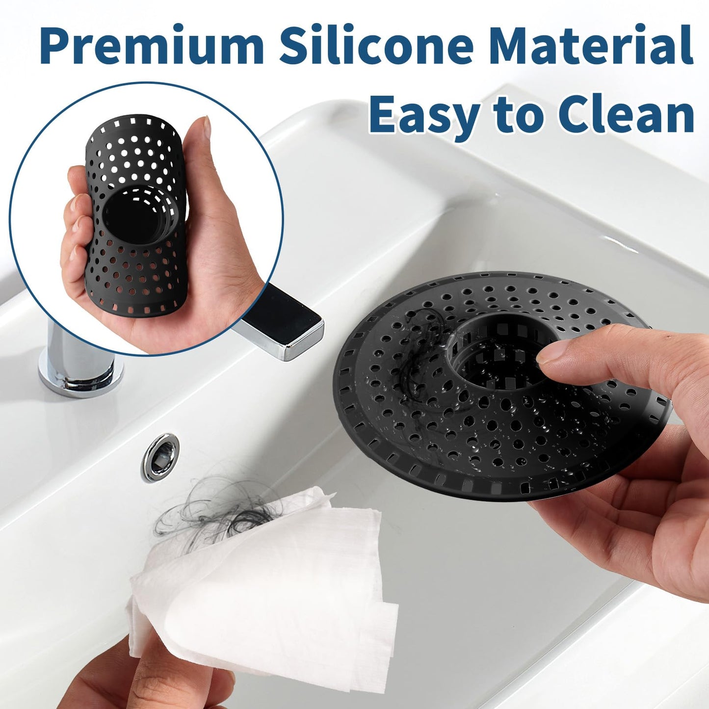 Bathtub Drain Hair Catcher,Tub Shower Drain Hair Trap/Strainer,3PCS Silicone Collapsible Tub Hair Catcher Drain Protector Designed for 1.47" to 1.75'' Regular Drains(Dark Gray)