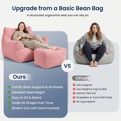 Giant Bean Bag Chair with Footstool for Adults, Fluffy Boneless Lounge Sofa Chair, Superior Large Reading Floor Sofa Bed, Oversized Accent Comfy Couch for Living Room, Bedroom (Pink, with Ottoman)