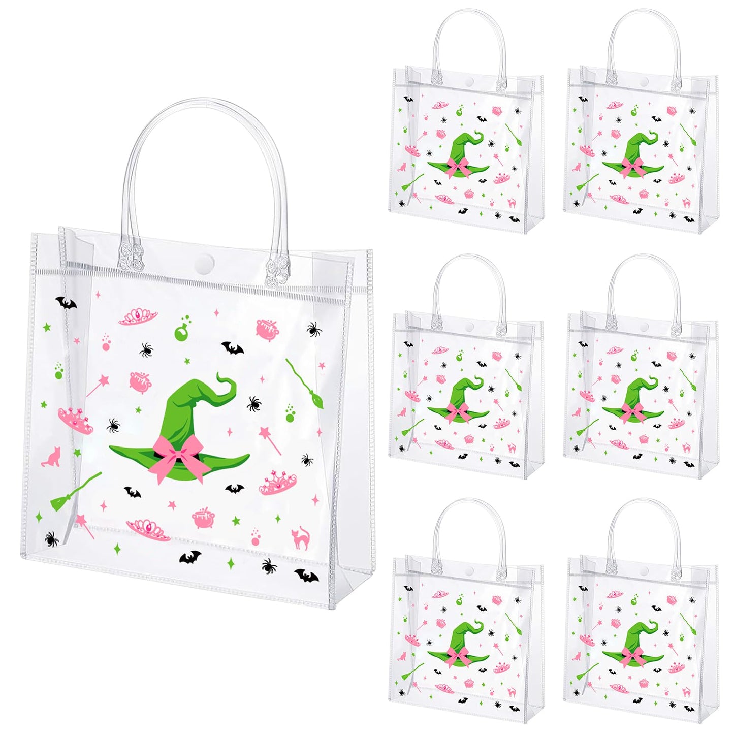 Liobelon Witch Party Gift Bags 24-Pack - Witch Party Favors Plastic Goodie Bags with Handles, PVC Pink and Green Party Treat Bag for Women, Magic Easter Eggs, Magic Festival, Birthday Decorations