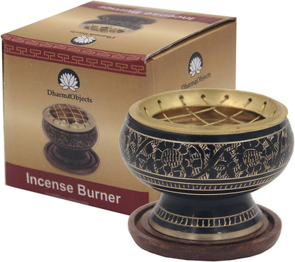 DharmaObjects Charcoal Incense Burner, Decorated Brass