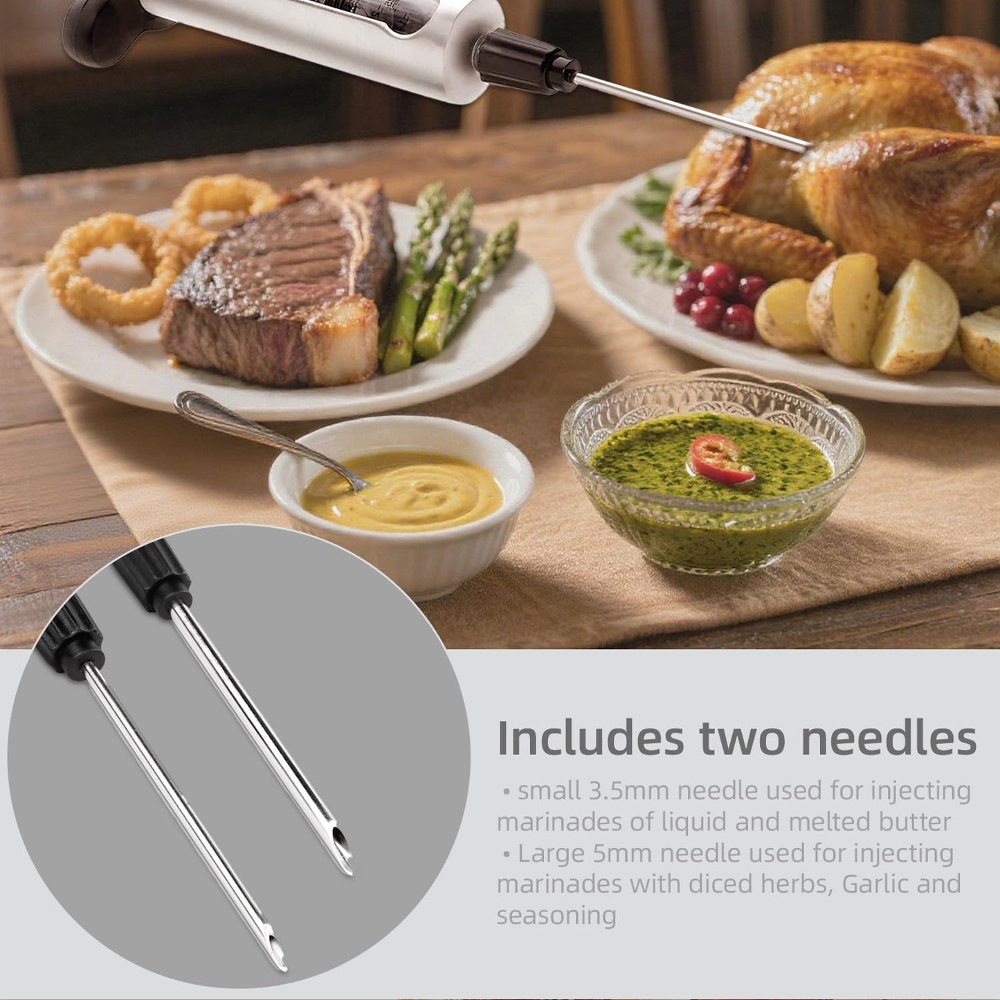 Kitchen Meat Injector, Leak-Proof Stainless Steel Flavor Marinade Syringe with 2 Different Needles and 1.5-oz Measurement Window,Perfect for Smoking, Frying, and Brining Meat for Deep Seasoning(MI-01)