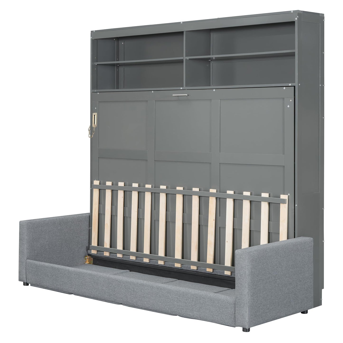Merax Queen Size Murphy Cabinet Bed with Sofa, Wood Folding Murphy Bed with Open Shelves, Space-Saving Wall Bed for Guest Room and Home Office