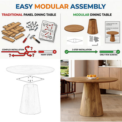 Vohuai 45-Inch Round Dining Table, Wood Round Table for 4/6, Seamless One-Piece Tabletop with Stable Conical Pedestal Base, Mid-Century Modern Round Dinner Table for Small Spaces Kitchen, Urban Family