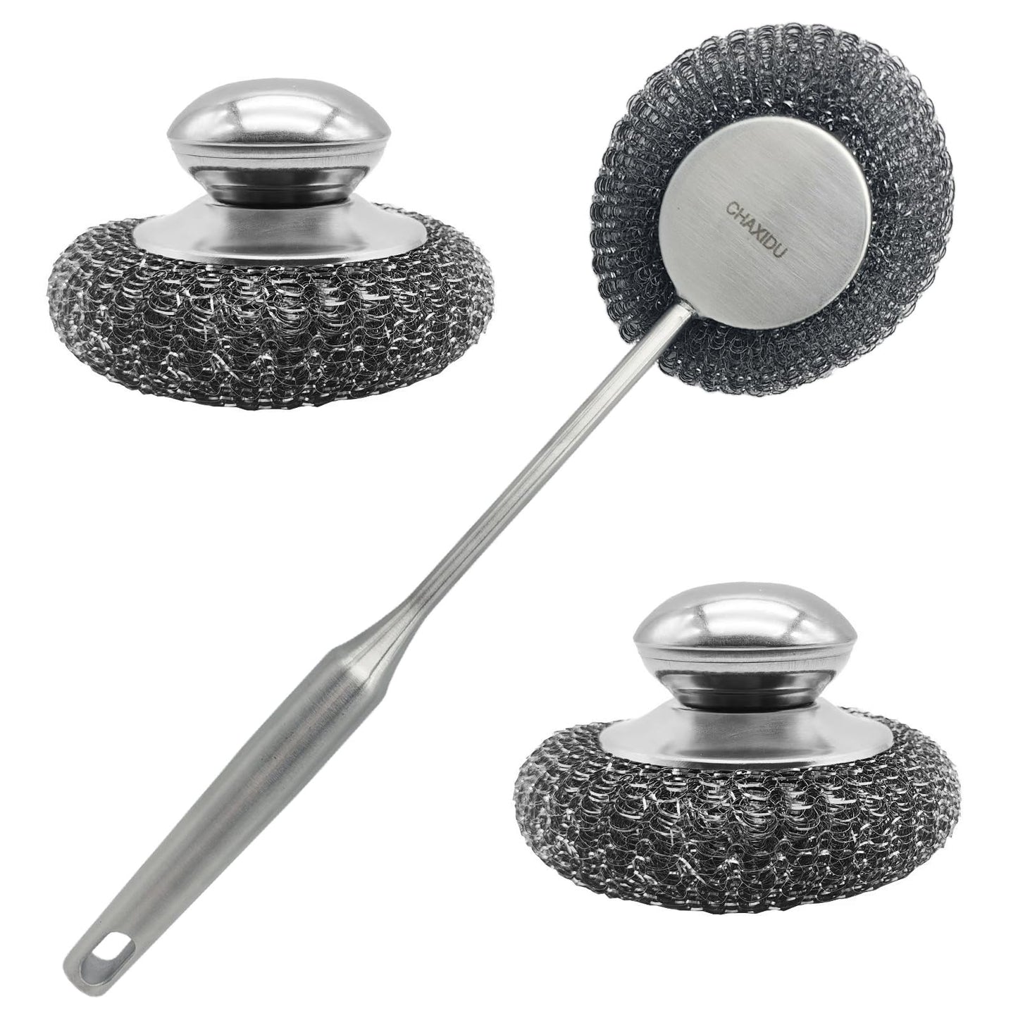 CHAXIDU Stainless Steel Wool Scrubber Set, Long Handle & Handle Brushes,Metal Brush for Pots, Pans, Grills & Cutlery Cleaning (3 Pack)