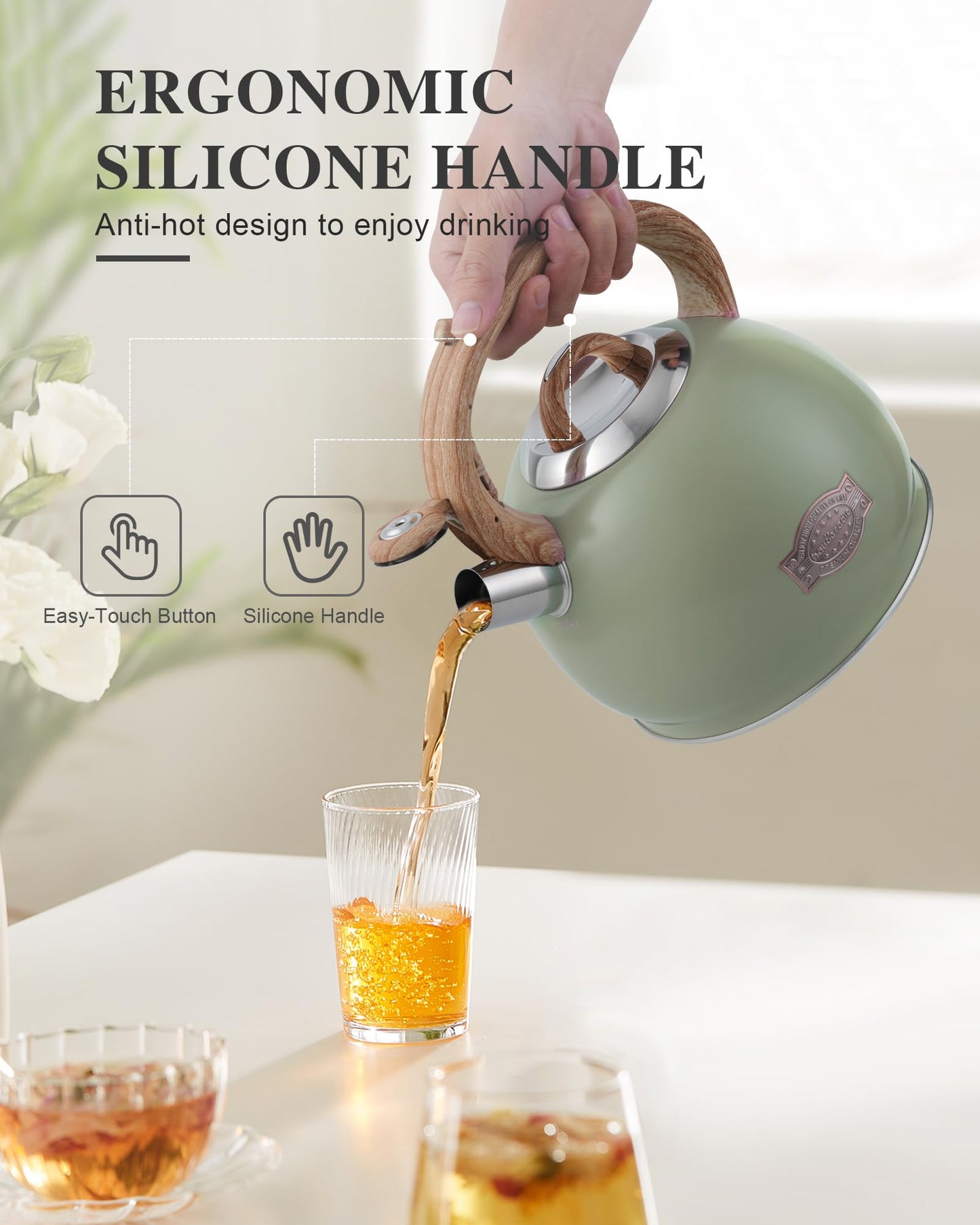 Tea Kettle Stovetop, 2.7 Quart Stove Top Whistling Tea Kettle, Teapot Kettles with Food Grade Stainless Steel and Wood Pattern Handle, Suitable for All Heat Sources