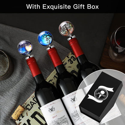 Soleebee 3 Pack Decorative Wine Stoppers, Wine Bottle Stopper with Beautiful Art Glass, Reusable Beverage Bottle Stoppers for Bar, Gifts, Holiday Party, Kitchen Decor (Tree of Life)