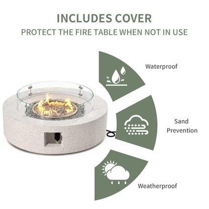 COSIEST Outdoor Propane Fire Pit Coffee Table w Terrazzo White 42 inch Round Base Patio Heater, Certified, 50,000 BTU Stainless Steel Burner, Wind Guard, Transparent Gray Fire Glass, Rain Cover