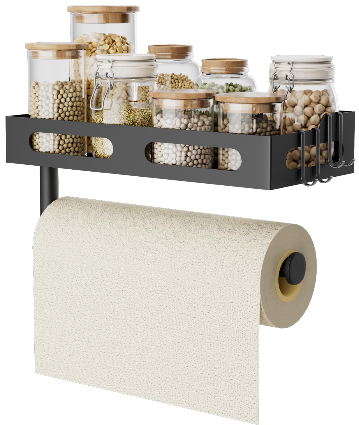 Paper Towel Holder Wall Mount for Kitchen, One-Handed Tear, Bathroom Paper Towel Holder with Shelf, RV Paper Towel Rack Wall Mount Paper Roll Holder with 4 Hooks, Matte Black