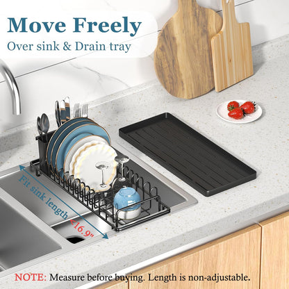 XYZLVSI Compact Small Dish Rack Sink Drying Rack with Silicone Mat, Stainless Steel Dish Drainer for Kitchen Cabinet, Kitchen Sink Rack,Dish Holder, Black