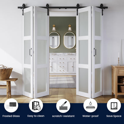 SMARTSTANDARD 72in x 84in Bifold Barn Door, Frosted Glass Barn Door with Hardware Kit Included, Pre-Drilled Holes Easy Assembly -Solid Barn Doors Slab Covered with Water-Proof PVC Surface, White
