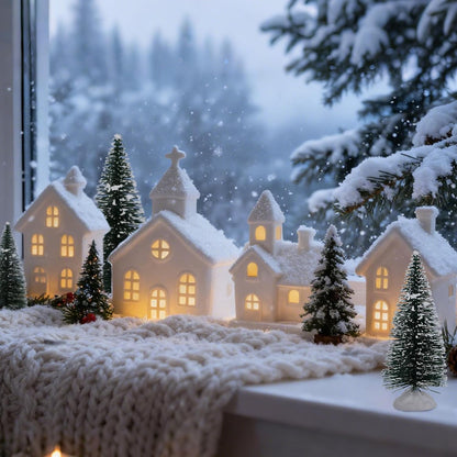 Regine Switzerland Christmas Village Set - 9 Pcs Lighted Ceramic Houses & Trees | Winter White Decor