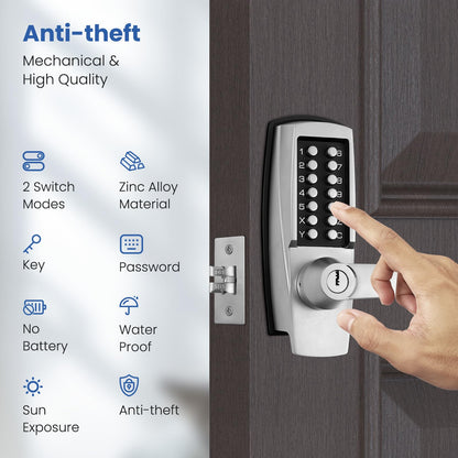 LVOZ Keyless Entry Door Lock with Handle - Mechanical Door Lock 100% Without Batteries - Easy to Install & Use - Keypad Lock on Zinc-Alloy, Water and Sun Proof for Indoor or Outdoor