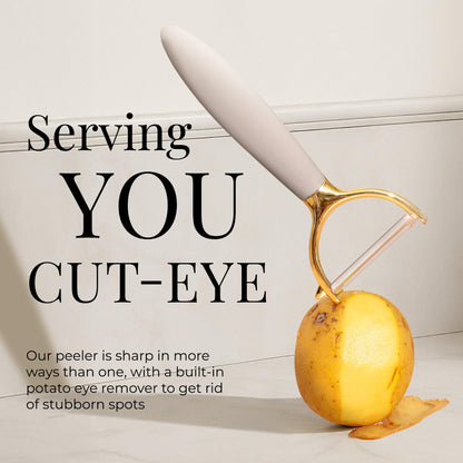 Gold and Beige Kitchen Utensils Set – 8 PC Cooking Gadgets with Mini Gold Whisk and Tongs, Pizza Cutter, Garlic Press, Cheese Grater, Peeler, Can Opener, Scoops – Stylish Beige Kitchen Accessories