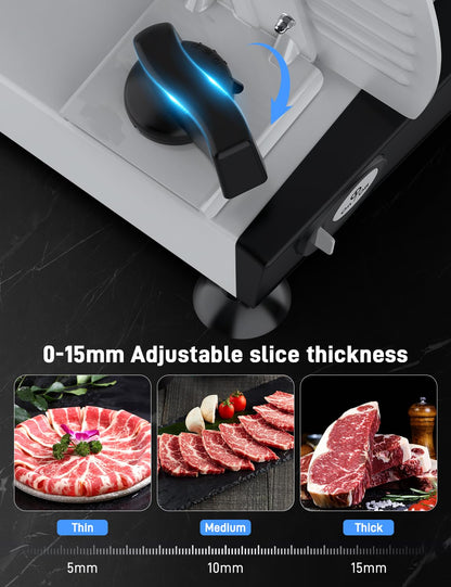 Meat Slicer, DC Motor Quiet 200W Meat Slicer Machine for Home, Deli Slicer with 2 Removable 7.5'' Stainless Steel Blades, Adjustable Dial for 0-15mm, electric bread slicer for meat (200, Watts)