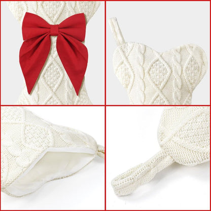 Paulmele Dog Christmas Stocking,Knit Pet White Large Christmas Stocking,Dog Bone Christmas Stockings for Dogs Puppys Pets,Hanging Bone with Bow (Red)