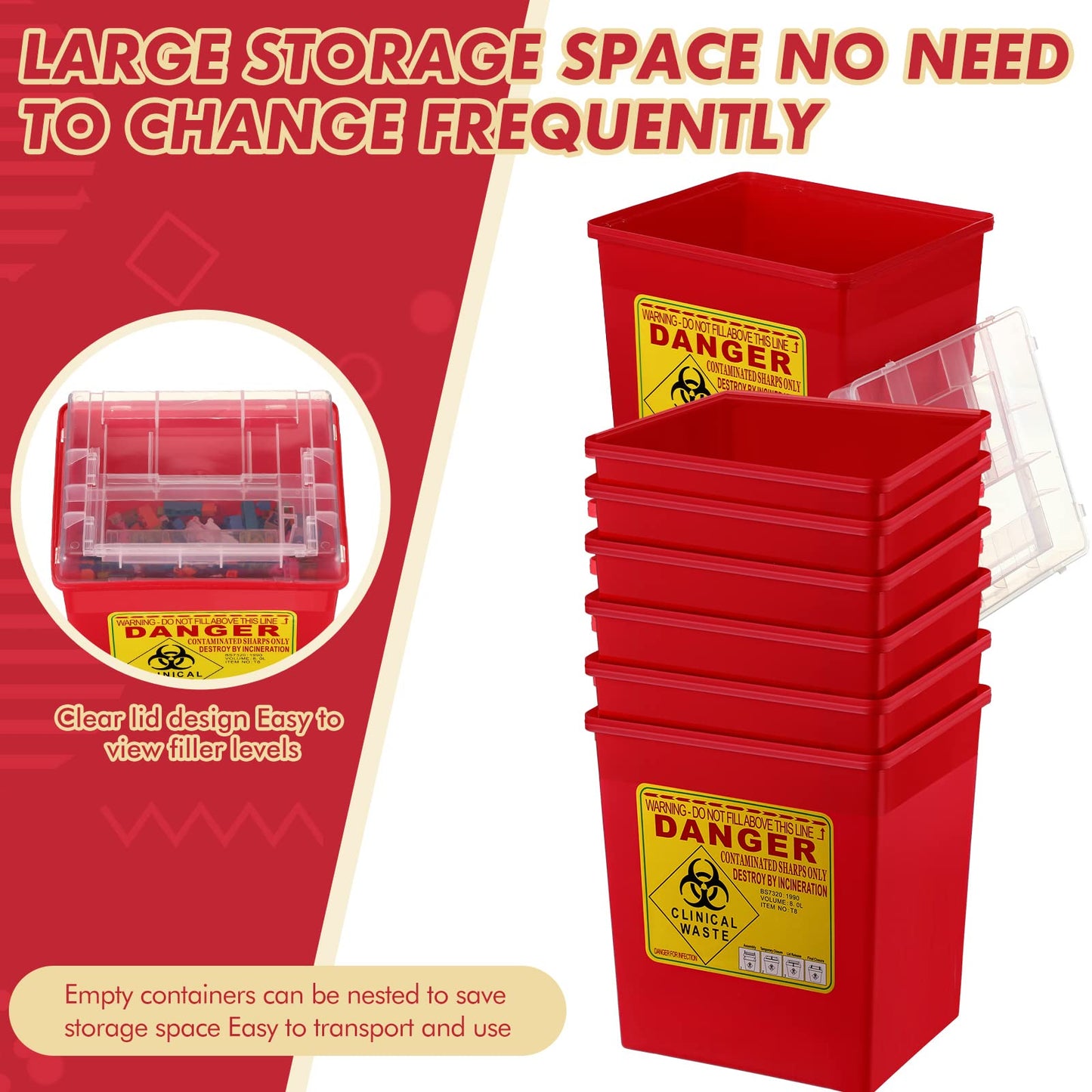 Lothee 6 Pack 2 Gallon Sharp Containers for Needles Disposal Containers Sharps Biohazard Needle and Syringe Disposal, Medical Grade, Red